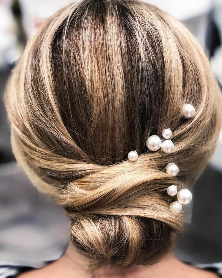 Bridal up-do low bun with pearls