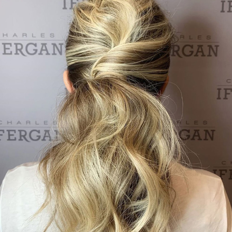 Bridal low pony tail, long curly hair