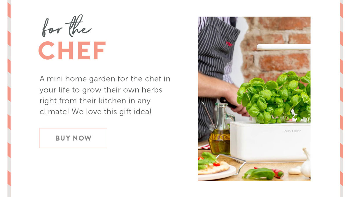 For The Chef: A mini home garden for the chef in your life to grow their own herbs right from their kitchen in any climate! We love this gift idea!