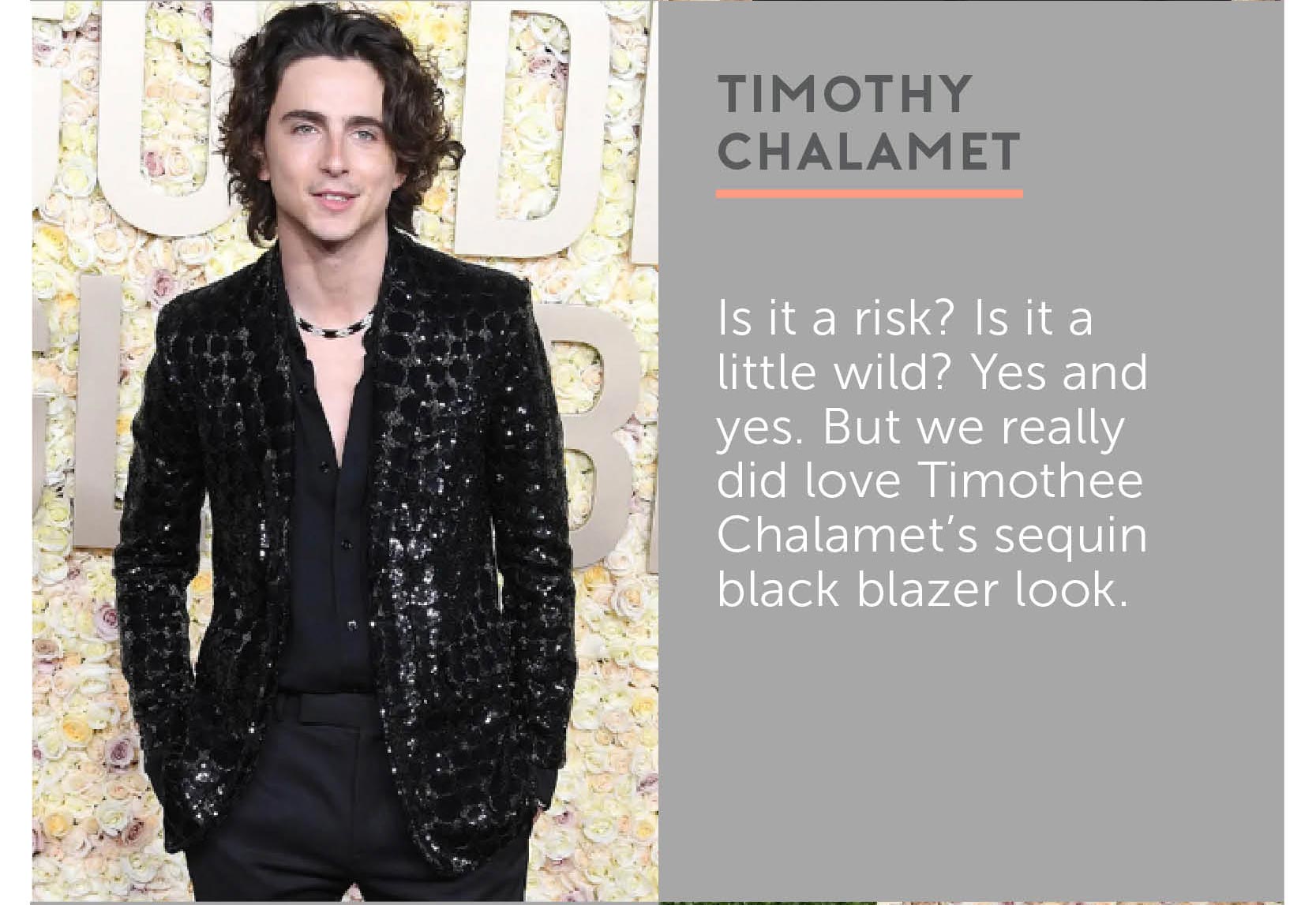 Is it a risk? Is it a little wild? Yes and yes. But we really did love Timothee Chalamet’s sequin black blazer look.