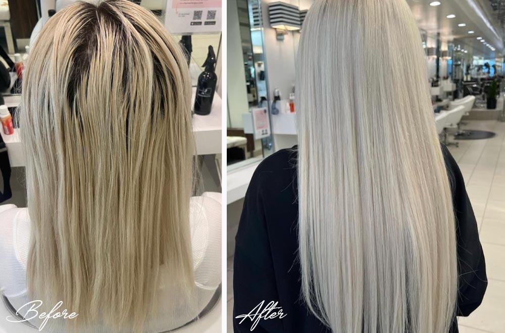 Before and after images of a hair extension client