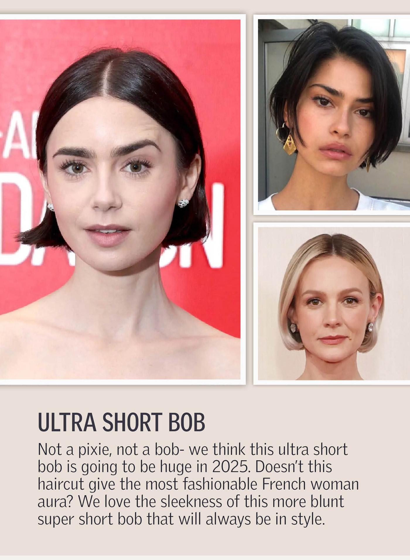 Ultra Short Bob
Not a pixie, not a bob- we think this ultra short bob is going to be huge in 2025. Doesn’t this haircut give the most fashionable French woman aura? We love the sleekness of this more blunt super short bob that will always be in style.
