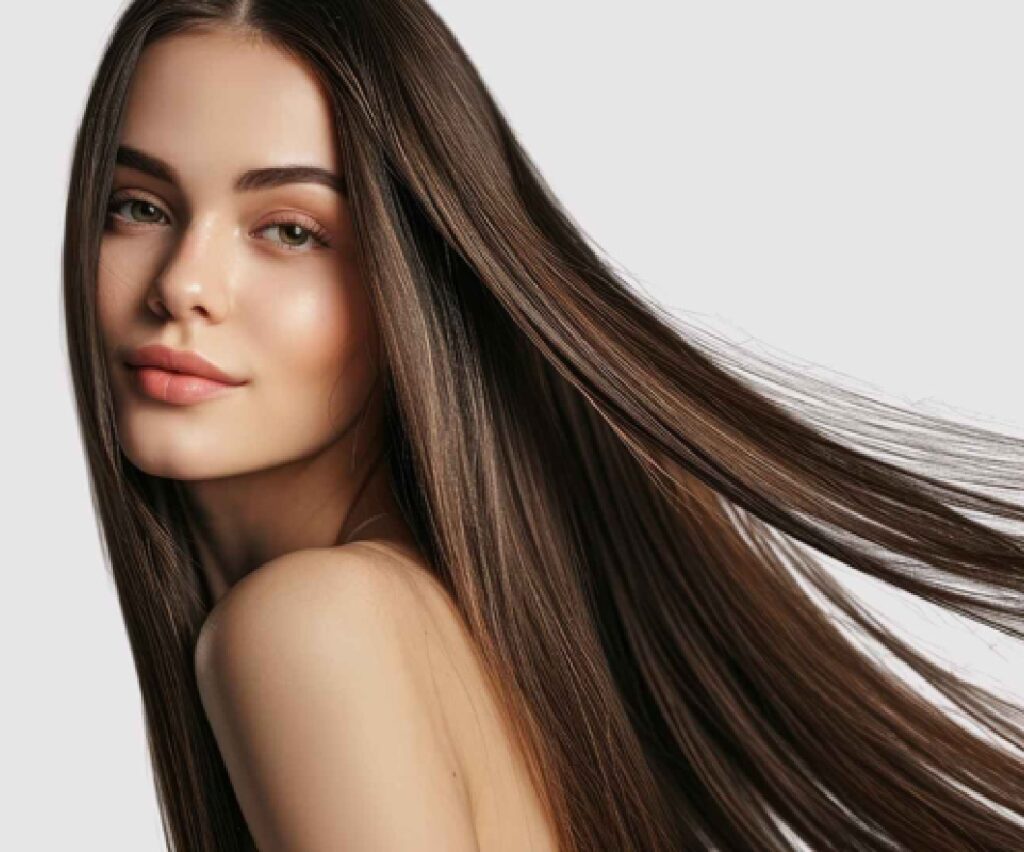 brunette long straight hair - healthy hair in the summertime