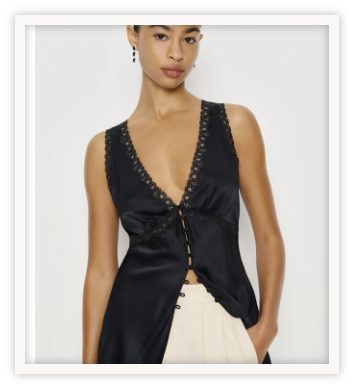 A black silk going out top is a no brainer. Button this one a bit further down and throw a blazer over it to keep the lingerie trend intact but also make it a bit more wearable.