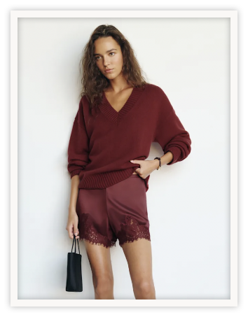 Silk and lace shorts are definitely a statement option, but we LOVE the way these look with a chunkier sweater on top. Tights and boots with a long jacket would complete this look for a fun women’s night out look.