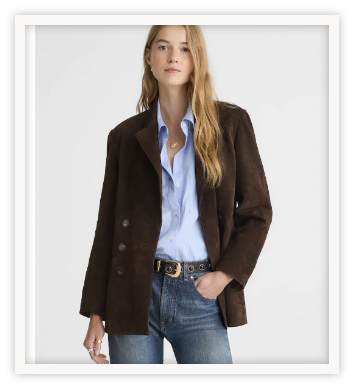 Double breasted suede blazer? Say no more. This blazer will go from work to casual and look so chic. Think jeans and a t-shirt with this for daytime look – perfection!