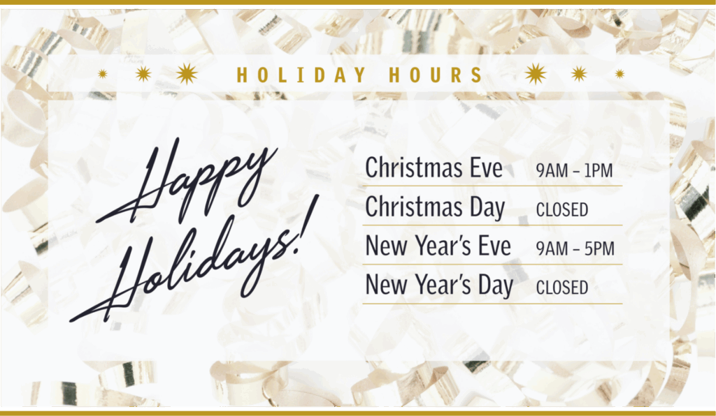 Charles Ifergan Holiday Hours: Christmas Eve 9am-1pm, Christmas Day Closed, New Year's Eve 9am-5pm, New Year's Day Closed
